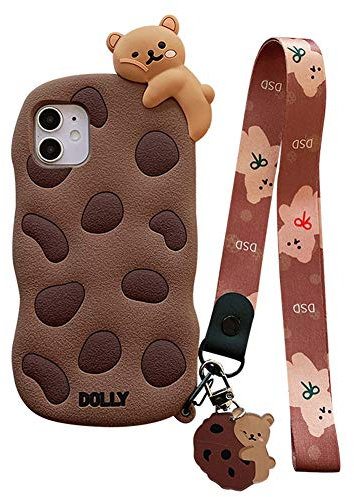 SGVAHY iPhone XR Case - Cute Kawaii Protective Case with Strap Lanyard Keychain - Funny Soft Silicone Shockproof - Cookie Bear Khaki