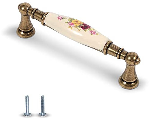 HERCHR Manijas de cerámica para cajones, 128mm manijas de gabinete Vintage Tirador para Cajón con Perilla de gabinete de Cocina con patrón de Flor de Bronce Antiguo para Armario de cajones