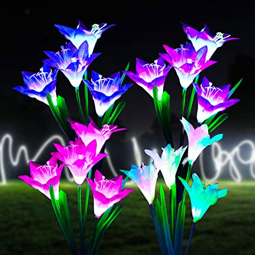 ZQX Solarlampen für Außen Garten, 4 Pack Wasserdicht Solar-Blumenlichter mit 16 Größeren Lilien, Mehrfarbig Wechselnden Landschaft Solar Gartenleuchten für Terrasse, Rasen, Garten Dekoration