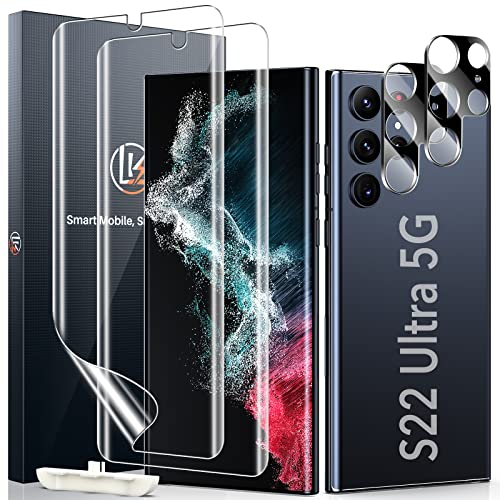 LK 2+2 protectores de pantalla compatibles con Samsung Galaxy S22 Ultra 5G, 2 protectores de pantalla de TPU flexible y 2 piezas de cámara trasera protectora de cristal antiarañazos (HD y sin