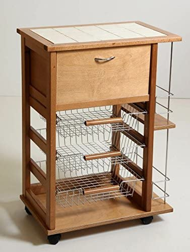 Totò Piccinni Carrellino in Legno da Cucina con Rotelle Mattonelle e Cestelli in Acciaio (con Portapane e Bottigliera, Rovere)
