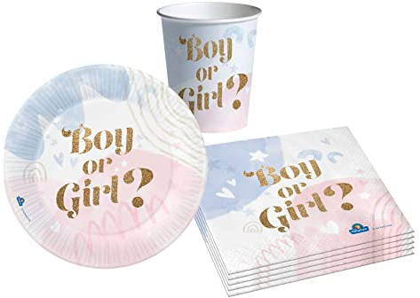 Ciao- Kit Table Fête Party Gender Reveal Boy Girl 24 Personnes (88 pcs: Assiettes, gobelets, Serviettes) en Papier compostable Vaisselle Baby Papel eco-Friendly, Uni, AZ133, Blanc, Bleu Ciel, Rose