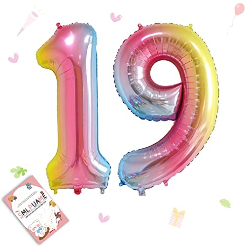Smlpuame 102cm Riesen Luftballon 19 Regenbogen Farbverlauf zum Party-Deko | Nachfüllbare Folienballon Zahlen 19 für 19 Jahre Geburtstagsdeko Mädchen Junge Ballon Zahl Deko zum Jubiläum Neujahr Hochzeit