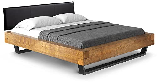 moebel-eins CURBY Balkenbett mit Polster-Kopfteil, Kufenfuß, Material Massivholz, 200 x 220 cm, Vintage, Kunstleder Schwarz