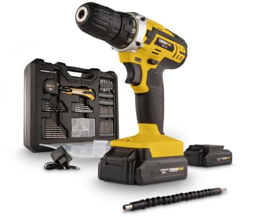 POWER plus Powerplus Akkuschrauber & Akkubohrer POWX00830-20 V Schraubendreher & Bohrer, Inkl. 2 x 20 V Akkus und Ladegerät, 134-teiliger Werkzeugkoffer mit Schrauberbits, für Holz, Stein und Metall