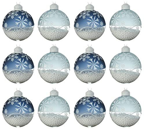 Kaemingk Weihnachtskugeln Glas 8cm x 12 Stück mit Schneeflocken Motiv Christbaumkugeln Nachtblau Nebelblau