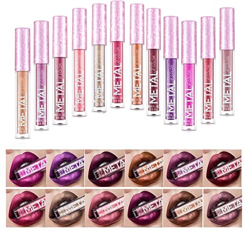 MKNZOME Lipgloss Set, 12 Farben Metallic Matt Flüssige Lippenstifte Lip Stains Kit, Wasserfeste Langlebige Moisturizing Antihaft-Tasse, Glitzer Lippen Farbton Set als Geschenke für Mädchen und Frauen