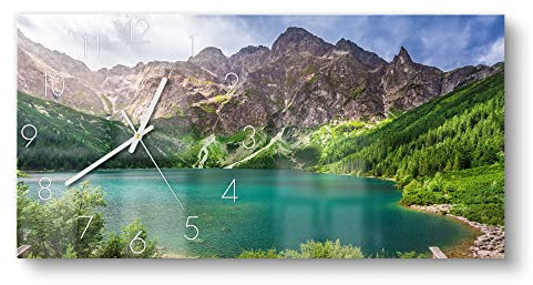 DEQORI Glasuhr | vertikal 60x30 cm | Motiv See vor Bergkulisse | große XXL Design Uhr aus Glas | leise Wanduhr für Wohnzimmer & Küche | Moderne Hingucker Uhr für die Wand