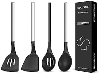 4 Pcs Silicone Kitchen Utensils Set, Wok Spatulas-Slotted Turner-Cooking Spoon-Slotted Spoon, Non-Stick BPA Free Heat-Resistant Basting Stainless Steel Handle Kitchenware for Cooking, Mixing, Serving