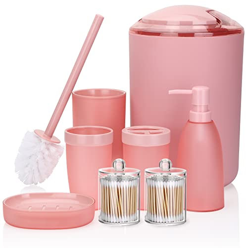 Otostar Badezimmer-Zubehör-Set, 8-teilig, Rosa, Badezimmer-Zubehör-Set, Badezimmer-Set mit Mülleimer, Seifenspender, Zahnbürstenhalter, Becher, Seifenschale, WC-Bürstenhalter, Qtip Halter (Rosa)