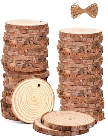 Huixinue Holzscheiben 54 Stücke Baumscheiben 7-8CM Durchmesser 0.5CM dick,Gebohrte Holz Log Scheiben,Runde Naturholz Holzscheibe, Holzscheiben zum Basteln für Hochzeitsdeko, Weihnachtsdeko.