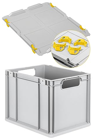 Eurobox NextGen Economy 40x30x32cm Griffe offen mit Auflagedeckel grau, Kunststoffbox 30 Liter stapelbar Transportbehälter lebensmittelecht, Farbe Deckel-Verschlüsse wählbar (Gelbe Verschlüsse)