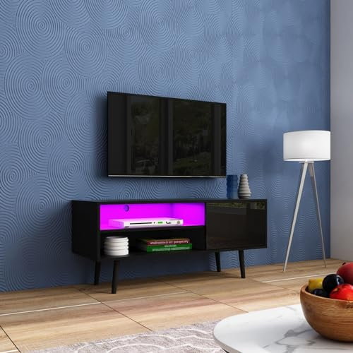 LED TV Unit with 1 Door 2 Open Shelves Modern Gloss Front TV Stand Unit for Living Room Cabinet Media Stand Furntiure RGB Light Black 110cm