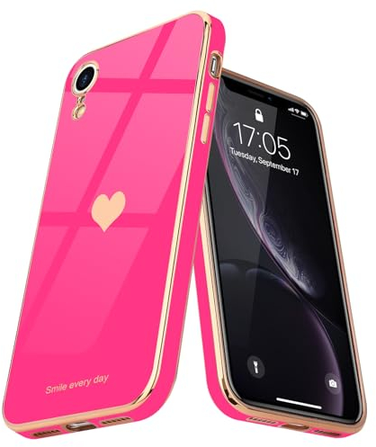 Teageo for iPhone Xr Case Cute Heart Pattern for Women Girls Slim Luxury Bling Plating Soft TPU Anti-Scratch Shockproof Bumper Phone Case for iPhone Xr, Hot Pink
