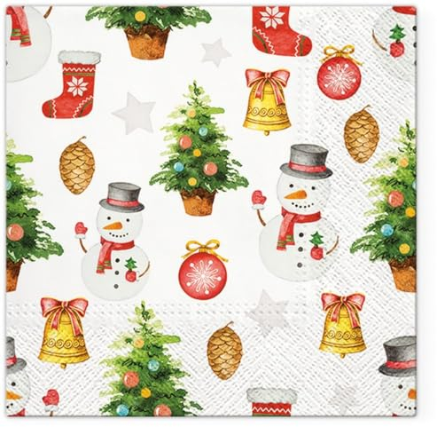 20 Servietten Weihnachten Muster von Schneemänner und Tannenbäume als Tischdeko. Papierservietten mit Motiv. Auch für Decoupage und Serviettentechnik 33x33cm