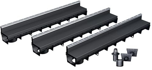 MEA Pack de 3 Caniveaux Extérieurs MEAPARK – Grille à Fente en PP Recyclé + Profil E-Blade L en INOX – Drainage Terrasse, Piscine, Jardin– Classe A15 Piéton – Largeur utile 10 cm