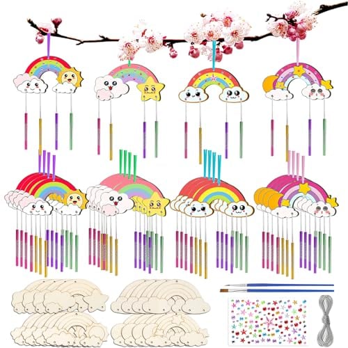 FYSL 12 Stück Windspiel Bastelset Kinder Regenbogen, Klangspiel Basteln Holzbastelsets, DIY Klangspiel Bemalen Handwerk, Bastelhandwerk zum Bemalen für Mädchen Junge Kindergeburtstag