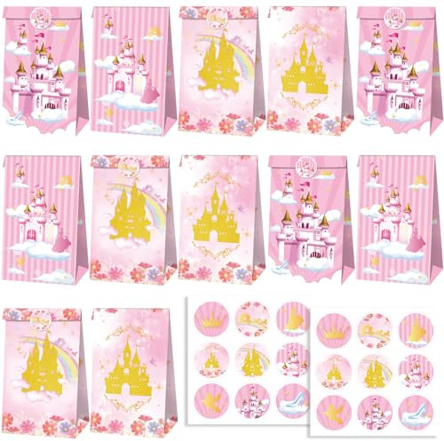 12 Stück Prinzessin Party Papiertüten Süßigkeiten Geschenk Geschenktüten Favor Taschen Kindergeburtstag Candy Tüten Mitgebsel Prinzessin Geburtstags Hochzeit Tasche rosa Prinzessin Schloss