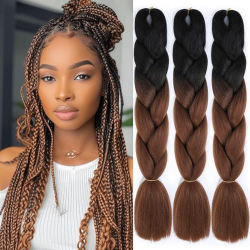 Jooceebaby Kunsthaar Zum Einflechten Easy Braid Vorgedehnte Braids Extensions Schwarz/Kupfer HaarverläNgerungen 24 Zoll 3packs Haar Zum Einflechten Braids ZopfverläNgerungen (Black/Dark Brown)