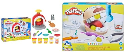 Play-Doh Kitchen Creations Pizza Oven Playset with 6 Cans of Modeling Compound and 8 Accessories & Drill 'n Fill Dentist Toy for Children 3 Years and Up with 8 Modelling Compound Pots