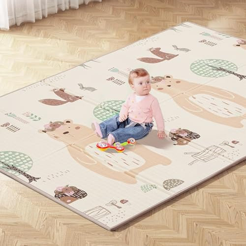 Glostravier Baby Play Mats for Floor, Foldable Playmat with Hemmed Edges, 1cm Thick Waterproof Play Mat for Crawling, Playpen, Outdoor Use, Easy to Clean, 200 x 150cm
