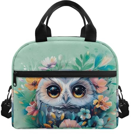 TOADDMOS Lunchtasche, tragbare Picknicktasche für Erwachsene und Kinder, Eulen-Blumenmuster, Thermo-Lunch-Tasche mit Griff und Schultergurten