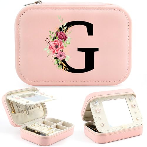 Schmuckkästchen Klein Reise für Damen Mädchen, Schmuckkasten mit Namen Initiale G, Schmuckkästchen mit Spiegel für Ringe, Ohrringe, Halskette, Geschenke für Damen Weihnachten Geburtstage Muttertag