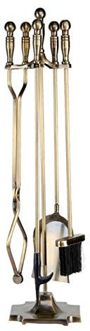 Ensemble D'Outils De Cheminée en Laiton, Support De Foyer Robuste De 5 Pièces pour Foyer Au Coin du Feu, Pinces À Bûches pour Poêle À Bois, Pelle, Brosse, Tisonnier De Cheminée, AC