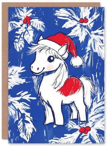 Artery8 Cute Shetland Pony Santa Hat Holly Blank For Him Or Her Art Xmas Festive Christmas Card