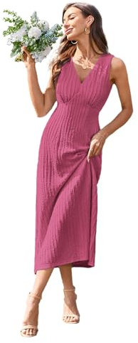 Newshows Sommerkleid Damen Lang V Ausschnitt Elegant Sommer Kleid Hochzeitskleid Maxikleid Abendkleid(Rosenrot, M)