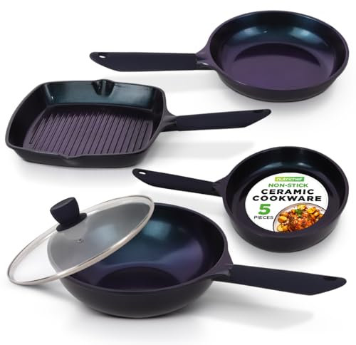 Nutrichef sartenes antiadherentes, Para grill, Freír y Pescado, Wok, 5 piezas, Recubrimiento ceramico, Compatibles con todo tipo de cocinas, Faciles de limpiar