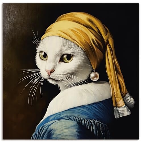 ARTLAND Wanddeko Leinwand Bilder Wandbild 70x70 cm Vermeer Adaption Mädchen Ohrringe Katze mit dem Perlenohrring U5MU
