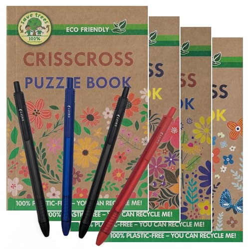 ihoot Ensemble de mots croisés croisés respectueux de l'environnement A5 | Livres de puzzle pour adultes et adolescents | 4 livres de recherche de mots sans plastique plus un lot pratique de 4 stylos