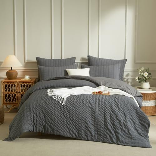 Luowei Seersucker Bettwäsche 200x220cm Grau Geprägt Gestreift WendeBettbezug 3teilig Modern Weich Atmungsaktiv Oeko-TEX Bettwäsche-Sets mit Reißverschluss und 2 Kissenbezug 80x80 cm