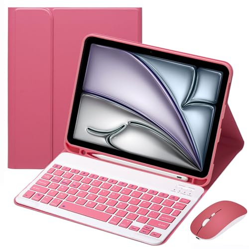 EHLCYS Keyboard Case for iPad Air 11-inch (7th/6th Gen M3/M2 2025/2024), iPad Air 5th/4th Gen (10.9-inch 2022/2020), Magnetic Removable German QWERTZ Keyboard with Pen Holder and Mouse,Rot