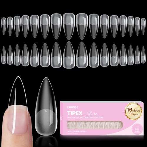 Beetles Tipex Lite Pre-Built Apex Nail Tips, Stiletto Medium,16 Sizes 96pcs, Flat-Nail Friendly Acrylic Tips for Natural Nail Beds, Easy for Beginner DIY