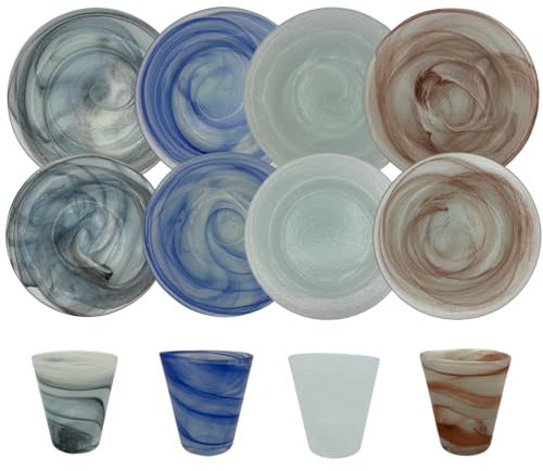 Omniacasa, Servizio di Piatti 12 Pezzi per 4 Persone con Bicchieri Acqua In Vetro di Murano, Lavorazione Artigianale, Decorati Con Effetto Onde, Multicolore, Made in Italy, Eleganti, Idea Regalo