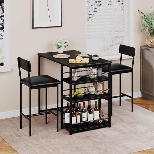 Garvee Mesa de Bar con 2 Sillas Acolchadas, Mesa de Cocina, Juego de 3 Piezas de Barra de Altura de Mostrador con 3 Estantes de Almacenamiento para Espacios Pequeños, Apartamento (Negro)