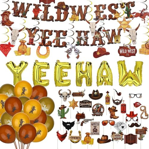 56 Pcs Cowboy Party Decorations, Cowboy Decorations, Wild West Theme Supply | Includes Flag, Spiral, Yeehaw Golden Balloon, 18 Latex Balloons, 30 Photo Props,Suitable for Use as Decoration