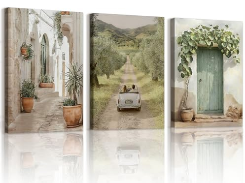 WENGTIAO 3 Stück Vintage Italien Stadt Landhaus Landschaft Leinwand Bilder | Kunstdrucke Gerahmt, Olivgrün Baum Rustikale auf Leinwand Wandbilder für Wanddeko Wohnzimmer Schlafzimmer 40x60cmx3
