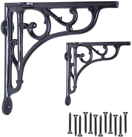 EDUWURXS Industrial Ornate Shelf Brackets 8x8in Black, Pair | Heavy-duty ornate cast iron shelf brackets with a black finish for wall-mounted wooden shelving.