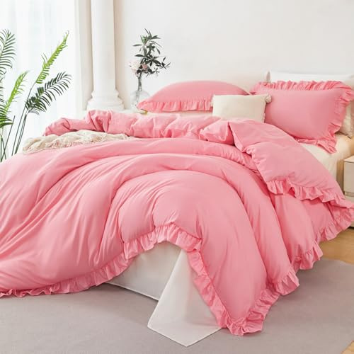 STYHO Double Duvet Cover Set 3 Pieces Pink Ruffle Bedding Sets with Pillowcases Soft Luxury Boho Vintage Plain Frills Comforter Cover with Zipper Closure, 200x200cm