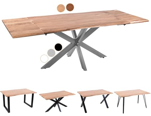 SAM Esstisch Avino 160(260) x90 erweiterbar Akazie Natur Spider Silber | Baumkantentisch massiv, Akazienholz naturfarben, ausziehbar mit Ansteckplatten, für 6-8 Personen