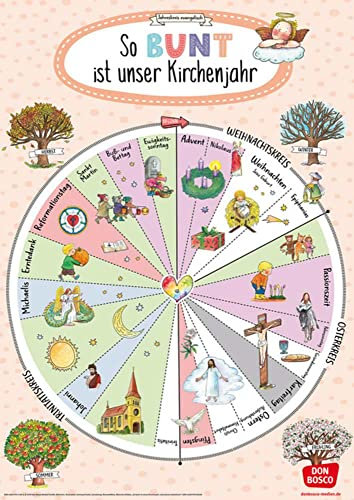 So bunt ist unser Kirchenjahr (Jahreskreis evangelisch) (Poster für die Öffentlichkeitsarbeit in Kitas und Grundschulen)