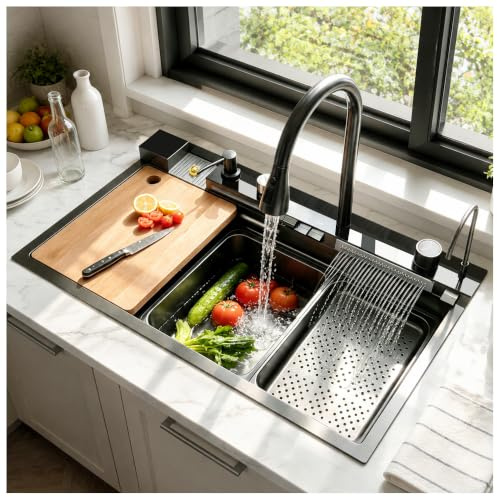 ATHOMASM 80x50cm Edelstahl Küchenspüle 1 Becken, mit Temperaturanzeige, Wasserfall Waschbecken mit Ausziehbarer Wasserhahn, Siphon, Multifunktional Spülbecken, mit Rechter Abfluss, Große Kitchen Sinks