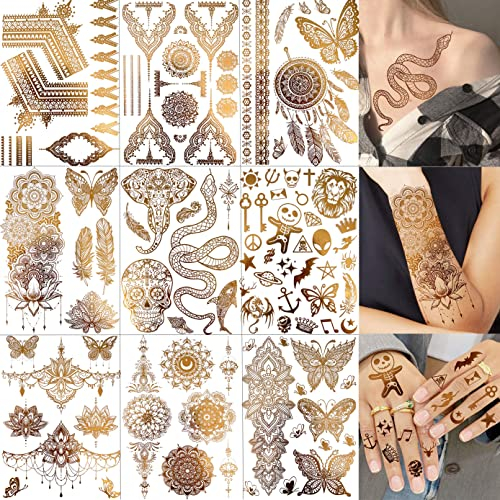 LAROI 9 Blätter 95+ Klebe Goldene Temporäre Tattoos Zum Aufkleben Klebetattoos Erwachsene, Fake Gold Glitzer Flash Metallic Aufkleber Schlange Lotus Schmetterling, Festival Accessoires Zubehör