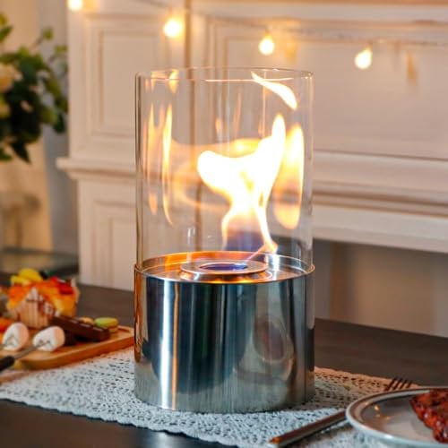 JHY DESIGN Tabletop Fire Bowl Pot 29cm High Portable Table top Fireplace–Clean-Burning Bio Ethanol Ventless (Silver)