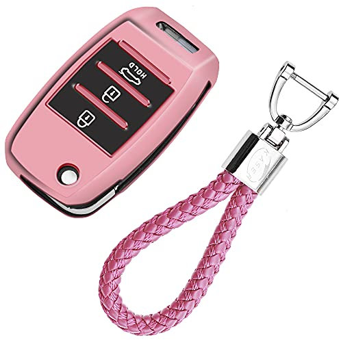 KASER Autoschlüssel Hülle kompatibel für Kia Cover TPU Silikon Hochglanz Schutzhülle Schlüsselhülle Fernbedienung Ceed Sportage Rio Carens Cadenza Carnival Optima Schlüsselbund (Pink)