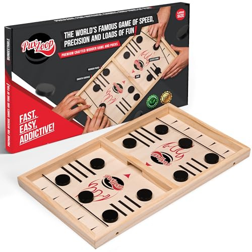 PuxZoop Bungee Table Fast Sling Puck Game, 2-Player Wooden Tabletop Game