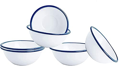 Vintage Gourmet ® Premium White Enamel Cereal Bowls -155mm / 6Diameter - White Classic Enamelware with Blue Rim, Iconic Retro, Pudding Bowl, Durable, Kitchen, Camping, Utility (1)